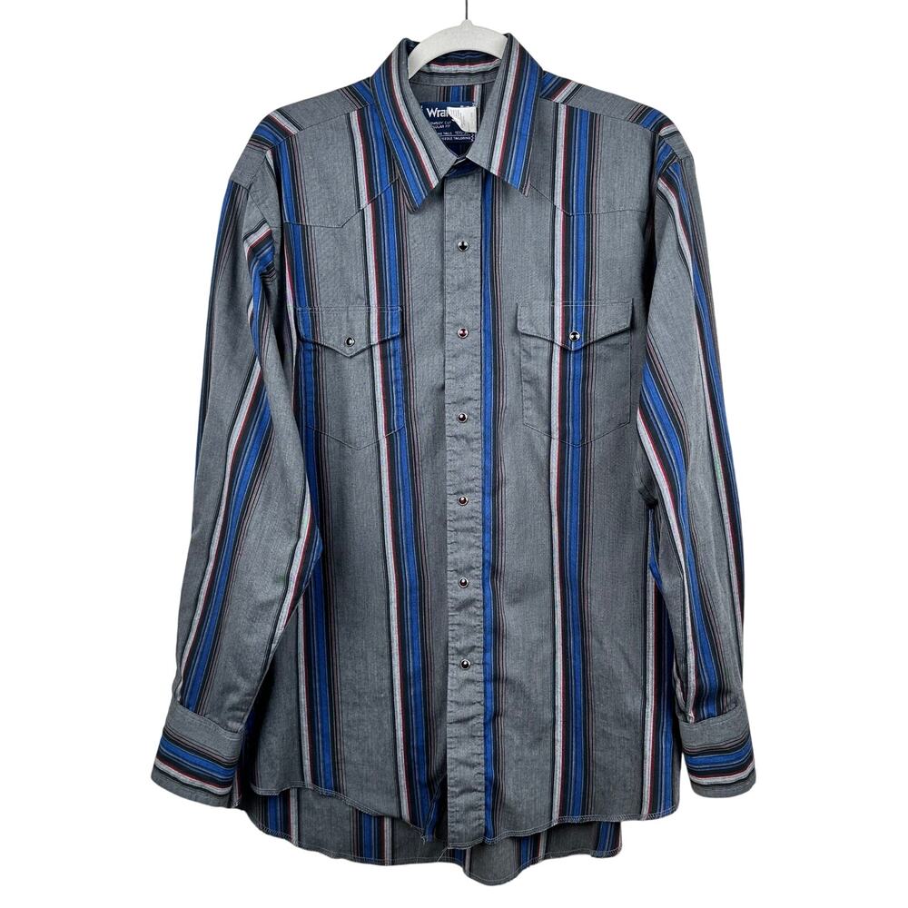 VTG Wrangler Western Black Pearl Snap Shirt Cowboy Cut X-Long Tails Stripe XL